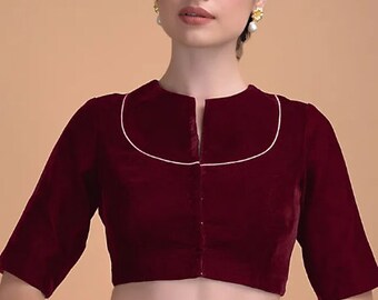 Designer Multi-color High Neck Velvet Blouse with Zari Lace, Party & Wedding wear Custom Made Blouse Choli Saree Blouse Sari Blouse TunicTop