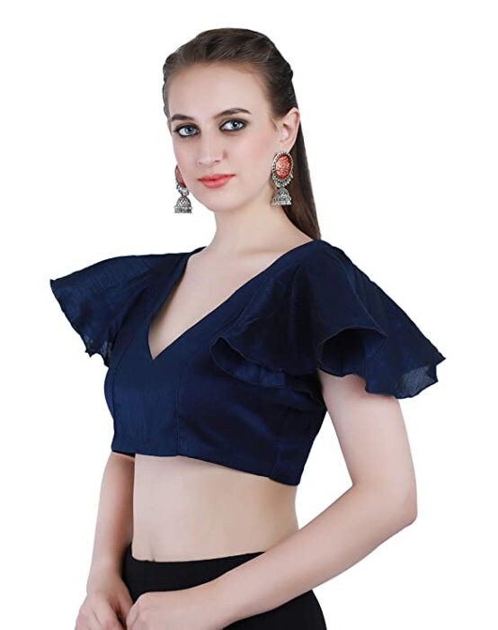 Designer Style Blue Color V Neck Front & Black Silk Blouse for - Etsy