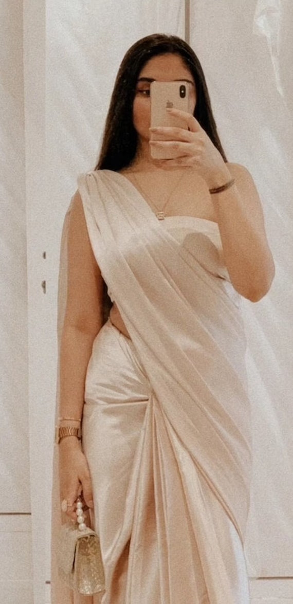 Beige ivory Color Pure Satin Silk Plain Saree Wedding and