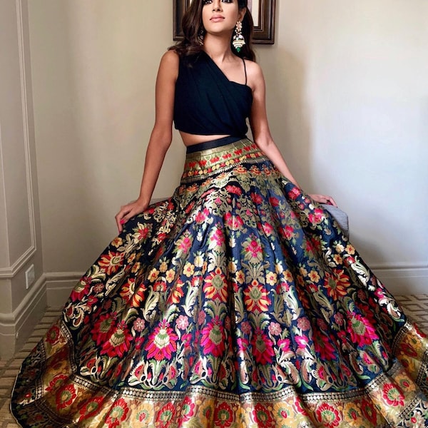 Banarasi Silk made Black or Blue Color Designer Lehenga with Georgette Choli, Wedding wear Banarasi Silk Lehengas, Bridesmaid Lehengas