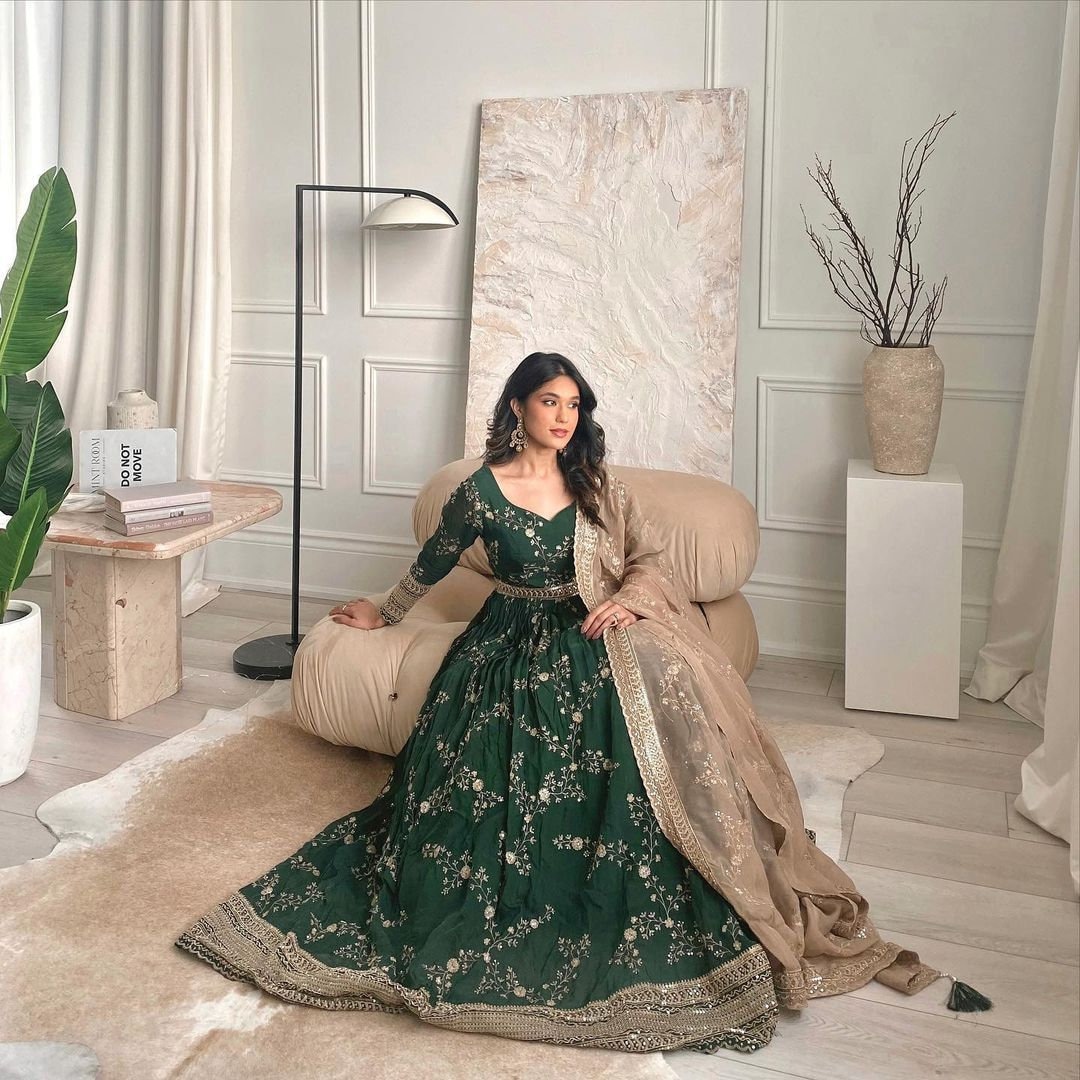 Bottle green dress for wedding pakistani top