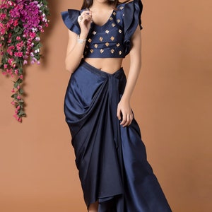 Blue Satin Silk Draped Dhoti Skirt Top Set with V-Neck Ruffle Top with Draped Skirt for Women Wedding Partywear Customise Designer Dress