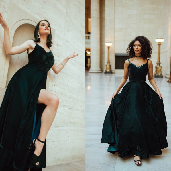 Dark Green Premium Velvet made Gown with Mirror Work Neckline, Handmade Wedding Gown for Women, Bridesmaid Dress, Partywear Gown with Slit