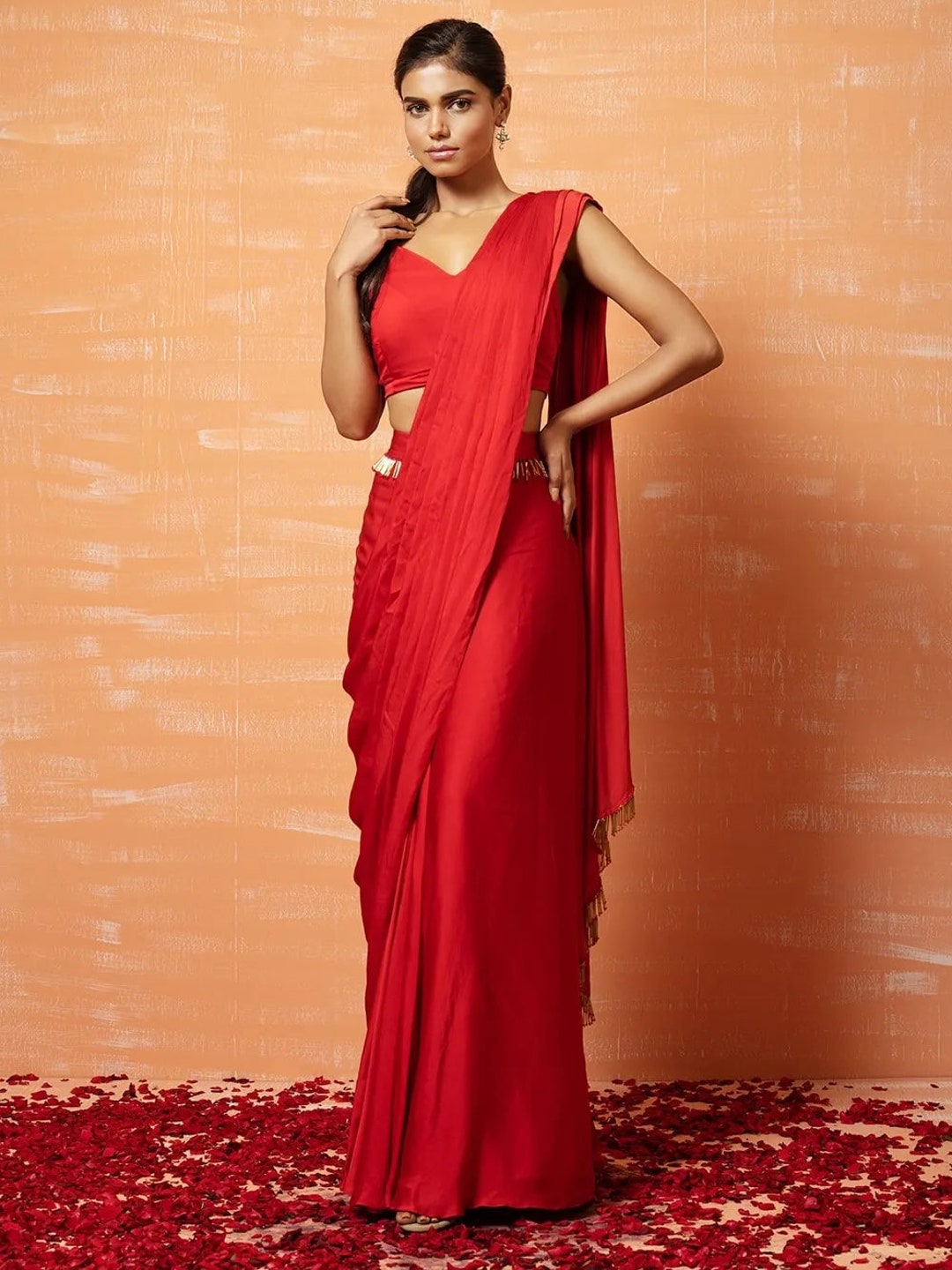 Red Color Premium Soft Silk Pre-stitched Saree With Lace Work, Wedding ...