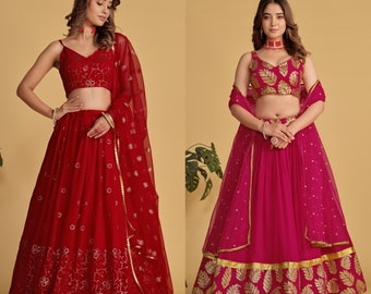 Red/Pink Lehenga Choli for Women, Georgette Lehenga with Sequins Embroidery, Bridesmaid Lehenga Choli, Ready to Wear Wedding Lehenga Choli