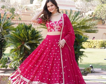 Rani Pink/Black/Wine Georgette Lehenga Choli with Sequins Embroidery, Wedding Mehendi Partywear Lehenga Choli, Designer Bridesmaid Lehenga