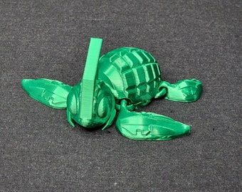 Grenade Turtle 'Grenurtle' | Articulating Print, Desktop Toy, Home Guardian | CinderWing3D | Shown in "Green Silk"