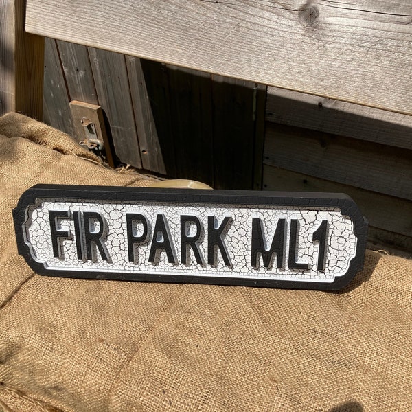 Motherwell vintage style wooden street sign FIR PARK ML1. Crackle paint finish. Gift for him. Wall decor.