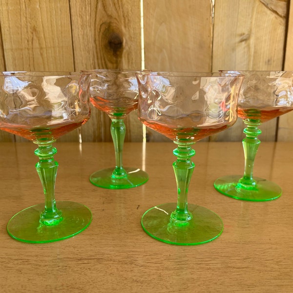 Vintage Tiffin Optic Champagne Glasses Set of 4, Watermelon Vaseline Glasses, Vintage Glassware