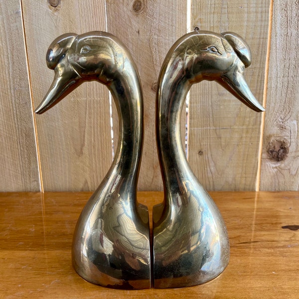 Vintage Large Brass Swan Goose Head Book Ends, Hollywood Regency brass decor, Vintage Brass decor, Vintage brass bookends