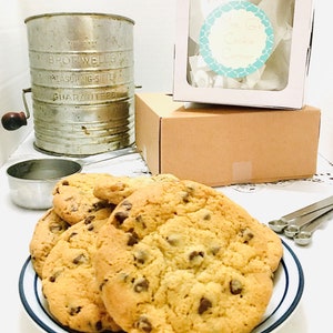May include: A plate of freshly baked chocolate chip cookies. The cookies are golden brown and have a crispy exterior with a soft and chewy interior. The cookies are arranged on a blue and white striped plate.