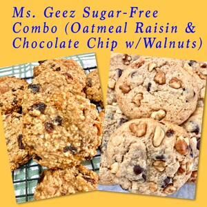 May include: Two close-up images of sugar-free oatmeal raisin and chocolate chip cookies with walnuts. The cookies are on a green and white checkered surface and a white surface.