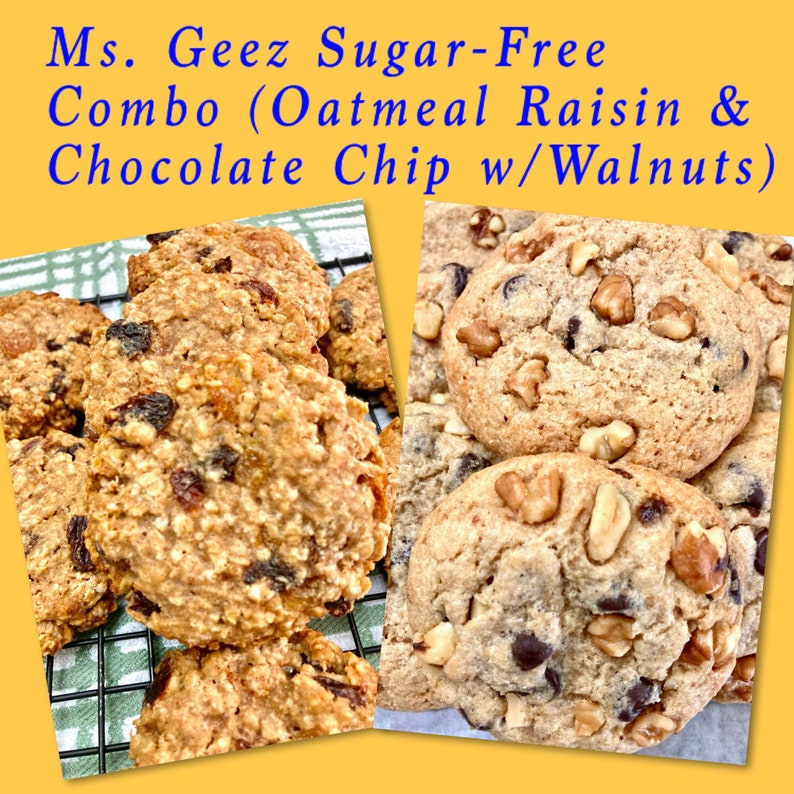 May include: Two close-up images of sugar-free oatmeal raisin and chocolate chip cookies with walnuts. The cookies are on a green and white checkered surface and a white surface.