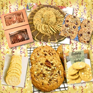 May include: Assortment of cookies on a variety of surfaces.  There are chocolate chip cookies, pecan cookies, sugar cookies, and shortbread cookies.  The text "Bakers Gonna Bake" is on a sign in the image.
