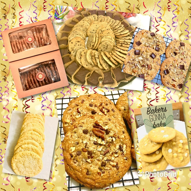 May include: Assortment of cookies on a variety of surfaces.  There are chocolate chip cookies, pecan cookies, sugar cookies, and shortbread cookies.  The text "Bakers Gonna Bake" is on a sign in the image.