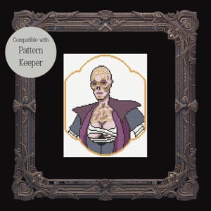 May include: Cross-stitch pattern of a figure with a skull-like face, wearing a purple and gray outfit, set within a decorative frame. The image includes the text "Compatible with Pattern Keeper" in a circular label.