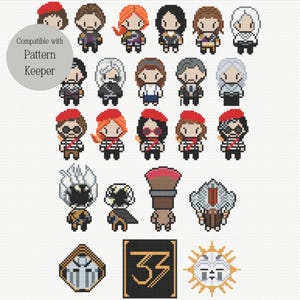 May include: A cross stitch pattern collection featuring twenty-one pixelated character figures, four distinct icons, and a gray circular badge with the text Compatible with Pattern Keeper. The designs include various figures with diverse hair colors, outfits, and accessories arranged in rows on a white grid background.