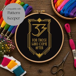 May include: A round wooden embroidery hoop containing black fabric with a cross-stitched gold geometric frame and the text 33 FOR THOSE WHO COME AFTER. The hoop is surrounded by colourful embroidery floss, a pair of metal scissors, and small flowers.