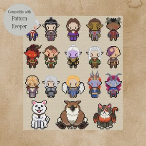 May include: A cross-stitch pattern featuring a grid of pixelated fantasy characters and animals. The characters are diverse, with varying skin tones, hair colors, and outfits. The text "Compatible with Pattern Keeper" is in a circle in the upper left corner.