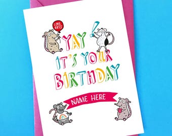 Rat Personalised Birthday Card. Rat greetings card