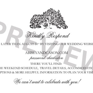Puede incluir: Una invitaci&oacute;n de boda blanca con texto negro. La invitaci&oacute;n incluye el texto &laquo;Por favor, responda&raquo;, la direcci&oacute;n del sitio web y la contrase&ntilde;a. Una ilustraci&oacute;n de &aacute;rbol est&aacute; en la parte superior. El texto de vista previa es visible.