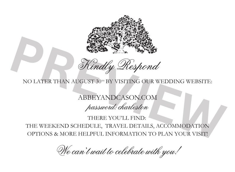 Puede incluir: Una invitaci&oacute;n de boda blanca con texto negro. La invitaci&oacute;n incluye el texto &laquo;Por favor, responda&raquo;, la direcci&oacute;n del sitio web y la contrase&ntilde;a. Una ilustraci&oacute;n de &aacute;rbol est&aacute; en la parte superior. El texto de vista previa es visible.