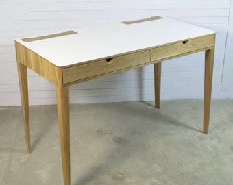 Solid Oak Wood Desk: Mid Century Modern Office Desk with White Top