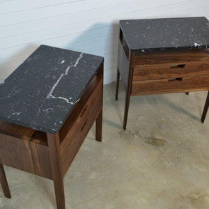 Bedside table pair, Nightstand with two drawers and a shelf in walnut wood and Black Marble Top