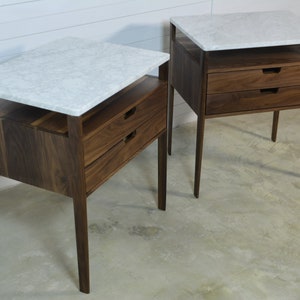 Large  Bedside table pair, Nightstand with two drawers and a shelf in Walnut Wood and Top in Marble