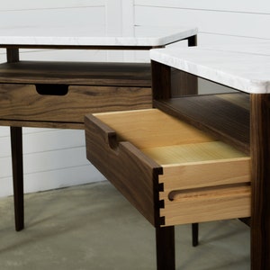 Oak & Walnut Nightstand Pair: Mid-Century Modern Marble Top