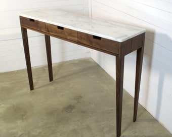 Entry Console Table in solid Walnut Wood and Marble Top, Console table with three drawers, Narrow console table, Scandinavian Design