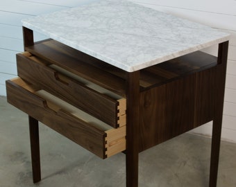 Large  Bedside table, Nightstand with two drawers and a shelf in Walnut Wood and Top in Marble