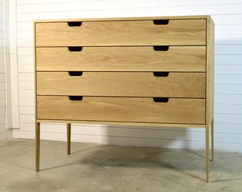 Handmade Oak Wood Chest of Drawers: Mid-Century Modern Credenza