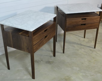 Large  Bedside table pair, Nightstand with two drawers and a shelf in Walnut Wood and Top in Marble