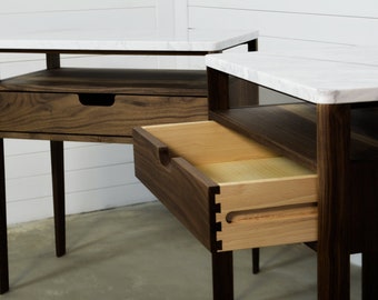 Oak & Walnut Nightstand Pair: Mid-Century Modern Marble Top