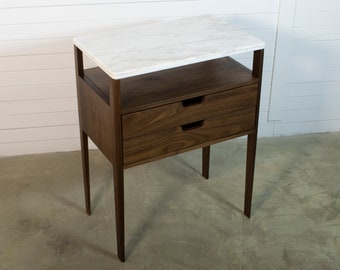 Walnut & Marble Bedside Table: Mid-Century Modern Nightstand