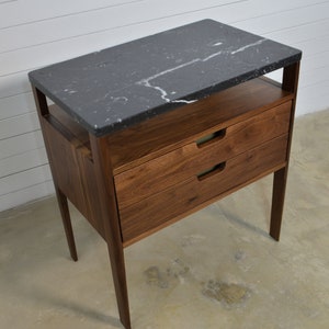 Bedside Table in Walnut Wood and Top in Marble, Mid-Century Modern Bedroom Nightstand, Scandinavian Style