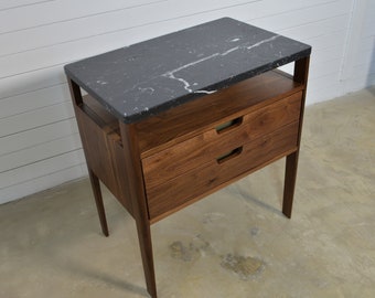 Handmade Walnut Bedside Table with Marble Top - Scandinavian Nightstand