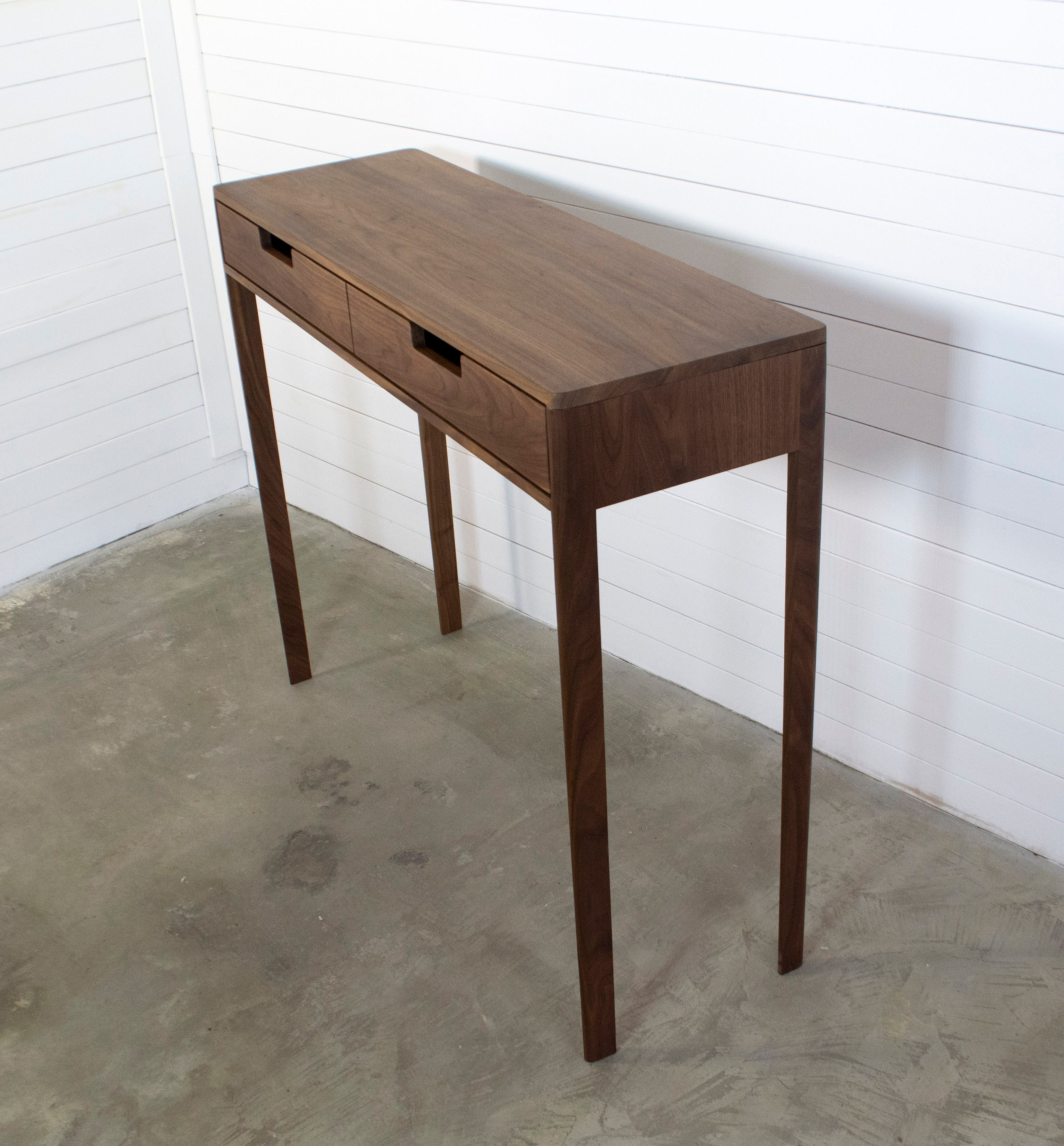 Entry Console Table with Narrow Drawers – Tiger Maple with Walnut