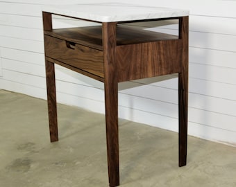 Bedside table in solid Walnut Wood and Marble Top, Bedroom Nightstand with a drawer, Mid Century Bedside Table, Scandinavian design