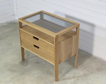 Nightstand in Solid Oak Wood and Smoked Glass Top, Bedside Table with Two Drawers,  Mid Century Modern Nightstand