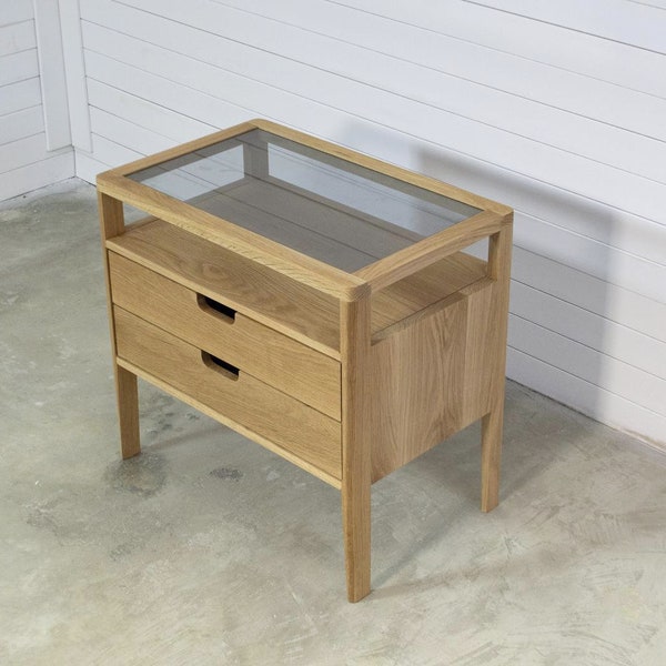 Nightstand in Solid Oak Wood and Smoked Glass Top, Bedside Table with Two Drawers,  Mid Century Modern Nightstand