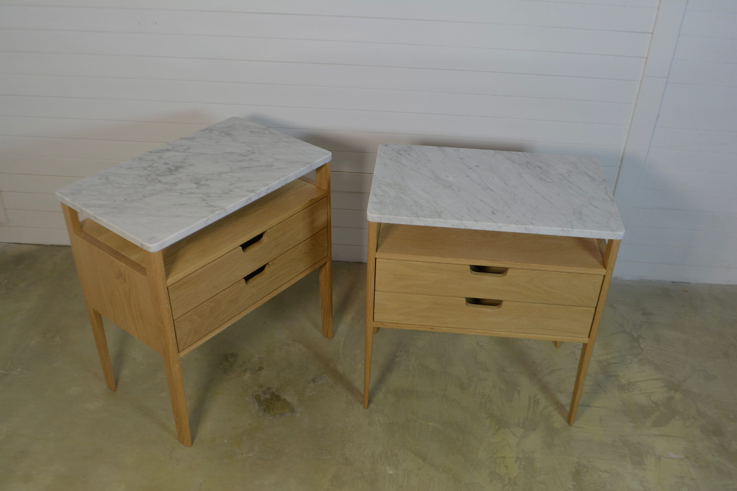 Oak Bedside Table Pair: White Marble Top Nightstands, Scandinavian Design