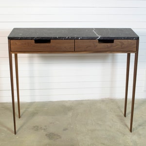 Console table in walnut or oak wood with marble top, Hallway console table with two drawers, Narrow console table