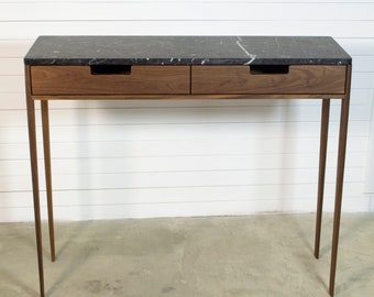 Walnut Hallway Console Table with Marble Top & Drawers