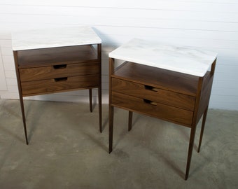 Bedside table pair, Nightstand with two drawers and a shelf in walnut wood and top in marble