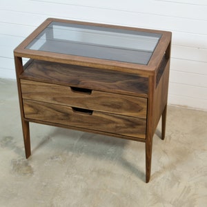 Nightstand in Solid  Walnut Wood and Smoked Glass Top, Bedside Table with Two Drawers, Mid Century Modern Nightstand