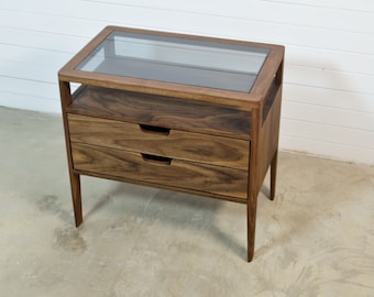 Nightstand in Solid  Walnut Wood and Smoked Glass Top, Bedside Table with Two Drawers, Mid Century Modern Nightstand