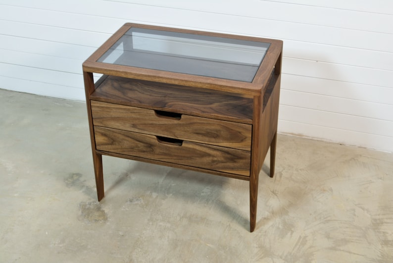 Nightstand in Solid Walnut Wood and Smoked Glass Top Bedside | Etsy