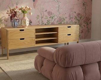 Aparador de roble, credenza de mediados de siglo, mueble para medios, diseño sandinista